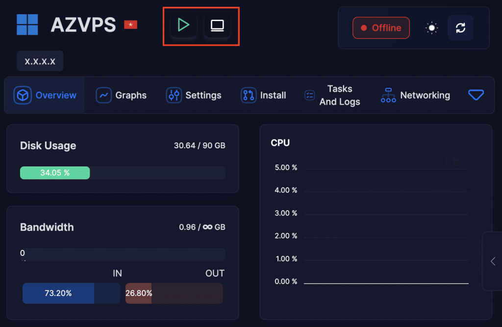 Hướng dẫn bật VPS qua panel quản trị.