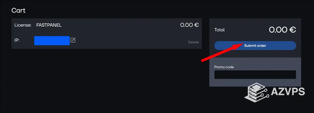 Submit order, hoàn tất đăng ký license fastpanel