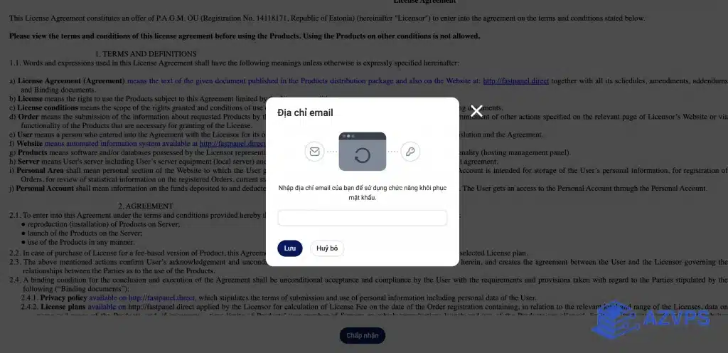 Điền email và chấp nhận điều khoản của fastpanel